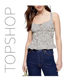 NWOT Topshop Black And White Heart Print Shirred Cami
US Size 2